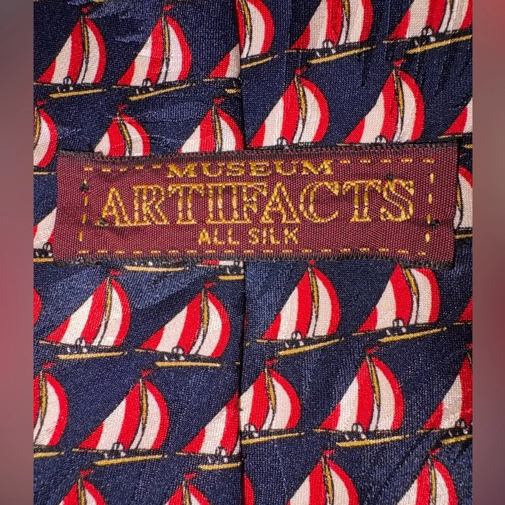 Silk Museum Artifacts Men’s Tie Navy Red Sailboat Print Nautical NWT